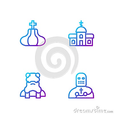 Set line Knight crusader, Priest, Church tower and building. Gradient color icons. Vector Vector Illustration