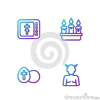 Set line Krampus, heck, Easter egg, Online church pastor preaching and Burning candle candlestick. Gradient color icons Vector Illustration