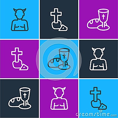 Set line Krampus, heck, Goblet and bread and Christian cross icon. Vector Vector Illustration