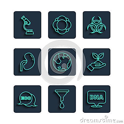 Set line Label for eco healthy food, Funnel filter, DNA symbol, Biohazard, Earth globe, Human kidney, Microscope and Vector Illustration