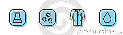 Set line Laboratory uniform, Test tube and flask, Bacteria and Water drop icon. Vector Stock Photo
