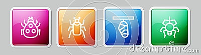 Set line Ladybug, Beetle, Butterfly cocoon and Spider. Colorful square button. Vector Vector Illustration