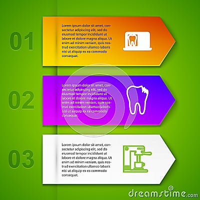 Set line Laptop with dental card, Broken tooth, Coffee machine and cup and Graduate graduation cap. Business infographic Vector Illustration