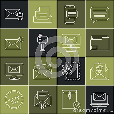 Set line Laptop with envelope, Mail and e-mail, Document folder, Chat messages notification on phone, box, Envelope Vector Illustration