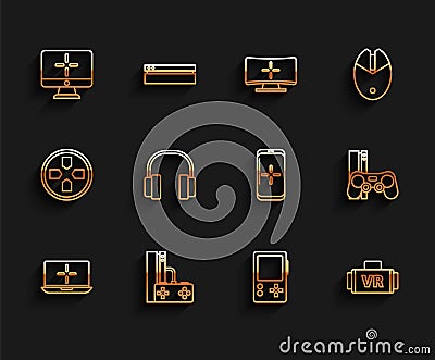 Set line Laptop, Game console with joystick, Computer monitor, Portable video game, Virtual reality glasses, Headphones Vector Illustration