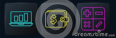 Set line Laptop with graph chart, Calculator and Wallet with dollar. Black square button. Vector Vector Illustration