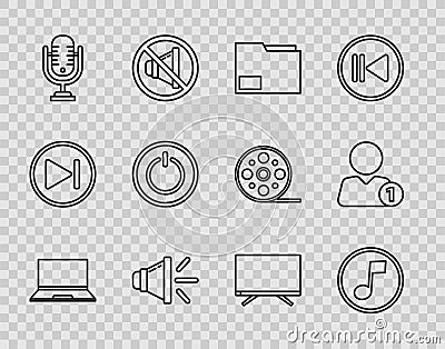 Set line Laptop, Music note, tone, Document folder, Speaker volume, Microphone, Power button, Smart Tv and Add friend Vector Illustration