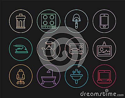 Set line Laptop, Picture, Spatula, Kettle with handle, Electric iron, Trash can, Microwave oven and Gas stove icon Vector Illustration