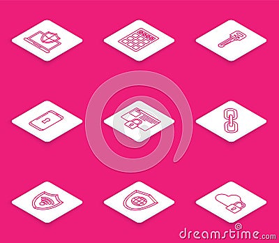 Set line Laptop protected with shield, Key, Smartphone lock, Secure your site HTTPS, SSL, Chain link, Shield WiFi Stock Photo