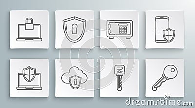 Set line Laptop protected with shield, Shield keyhole, Cloud and, Key, Safe, Smartphone security and lock icon. Vector Vector Illustration