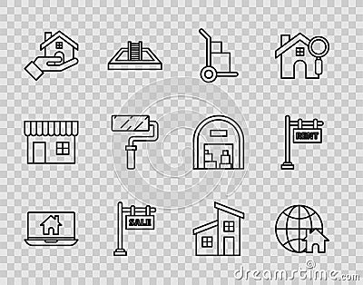 Set line Laptop and smart home, Globe with house symbol, Hand truck boxes, Hanging sign text Sale, Realtor, Paint roller Stock Photo