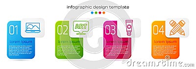 Set line Laptop, Speech bubble with text art, Tube with paint palette and Crossed pencil with eraser. Business Vector Illustration