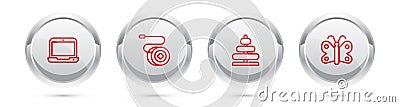 Set line Laptop, Yoyo toy, Pyramid and Butterfly. Silver circle button. Vector Vector Illustration