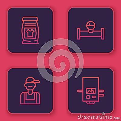Set line Laundry detergent, Plumber, Industry pipe and manometer and Gas boiler. Blue square button. Vector Vector Illustration