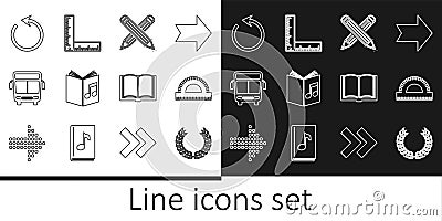 Set line Laurel wreath, Protractor grid, Crossed pencil, Audio book, Bus, Refresh, Open and Folding ruler icon. Vector Vector Illustration