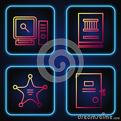 Set line Lawsuit paper, Hexagram sheriff, Search on computer screen and Law book. Gradient color icons. Vector Vector Illustration