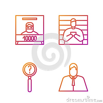 Set line Lawyer, attorney, jurist, Magnifying glass with search, Wanted poster and Suspect criminal. Gradient color Vector Illustration