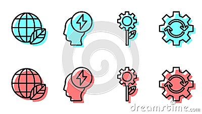 Set line Leaf plant in gear machine, Earth globe and leaf, Head and electric symbol and Gear and arrows as workflow icon Vector Illustration