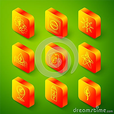 Set line Leaf plant in gear machine, Electrical outlet, Solar energy panel, Water, Eco friendly house, tower, Location Stock Photo