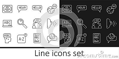 Set line Learning foreign languages, Ear listen sound signal, Hello different, Magnifying glass, Chalkboard, Certificate Vector Illustration