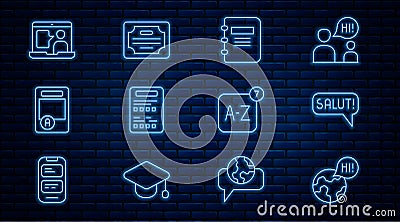 Set line Learning foreign languages, Salut different, Notebook, Exam sheet, with A plus grade, Foreign online study Stock Photo