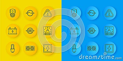 Set line LED light bulb, Car battery, Electric circuit scheme, Lightning bolt, Ampere meter, multimeter, voltmeter Vector Illustration