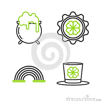 Set line Leprechaun hat and four leaf clover, Rainbow, Bottle cap with and Witch cauldron icon. Vector Stock Photo