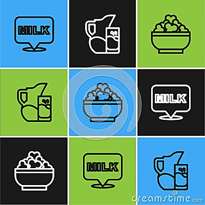 Set line Lettering milk, Cottage cheese and Milk jug or pitcher and glass icon. Vector Stock Photo