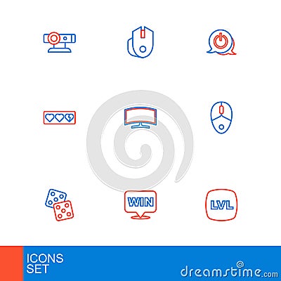 Set line Level game, Medal, Game dice, Computer mouse, life bar, monitor, Power button and icon. Vector Vector Illustration