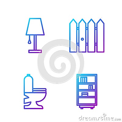 Set line Library bookshelf, Toilet bowl, Table lamp and Garden fence wooden. Gradient color icons. Vector Vector Illustration