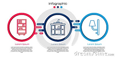 Set line Library bookshelf, Washbasin cabinet with tap and Wall sconce. Business infographic template. Vector Vector Illustration