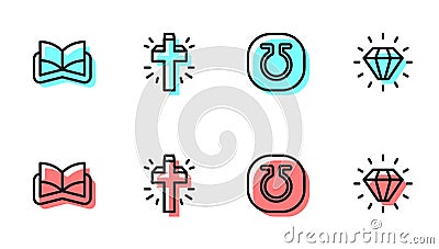 Set line Life, Ancient magic book, Christian cross and Diamond icon. Vector Vector Illustration