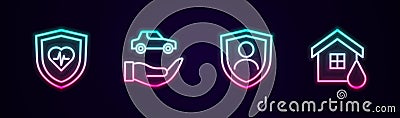 Set line Life insurance with shield, Car, and House flood. Glowing neon icon. Vector Stock Photo