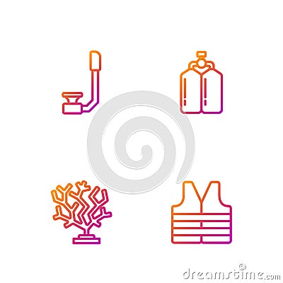 Set line Life jacket, Coral, Snorkel and Aqualung. Gradient color icons. Vector Vector Illustration