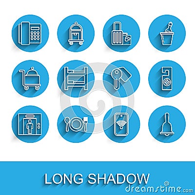 Set line Lift, Plate, fork and knife, Telephone handset, Mobile with wi-fi wireless, Hotel service bell, room bed Vector Illustration