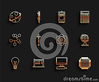 Set line Light bulb with concept of idea, Pendulum, Planet, Computer monitor keyboard and mouse, Processor, Pipette Vector Illustration