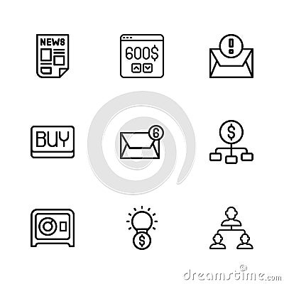 Set line Light bulb with dollar, Hierarchy, Employee hierarchy, Mail and e-mail, Envelope, News, Monitor and Buy button Vector Illustration