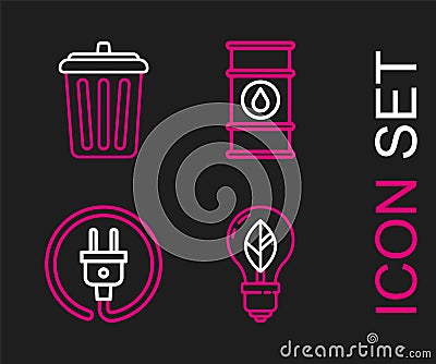 Set line Light bulb with leaf, Electric plug, Oil barrel line and Trash can icon. Vector Stock Photo