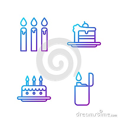 Set line Lighter, Cake with burning candles, Birthday cake candles and Cake. Gradient color icons. Vector Vector Illustration