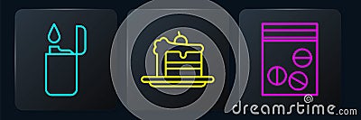 Set line Lighter, Plastic bag of drug and Cake. Black square button. Vector Vector Illustration