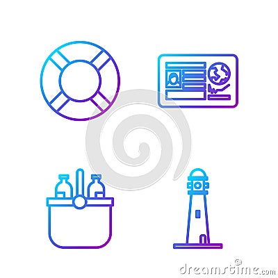 Set line Lighthouse, Cooler bag and water, Lifebuoy and Passport with visa stamp. Gradient color icons. Vector Vector Illustration