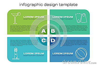 Set line Lighthouse, Martini glass, Beach ball and Rubber flippers. Business infographic template. Vector Vector Illustration