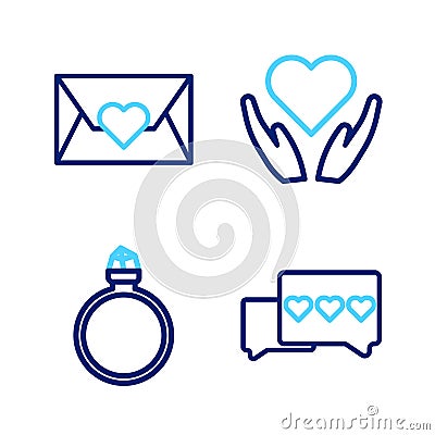 Set line Like and heart, Diamond engagement ring, Heart hand and Envelope with Valentine icon. Vector Vector Illustration