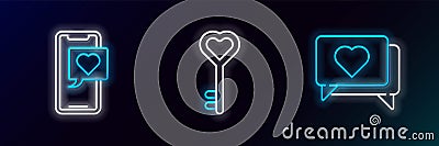 Set line Like and heart, Smartphone with speech bubble and Key in shape icon. Glowing neon. Vector Stock Photo