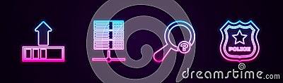 Set line Loading, Server, Data, Web Hosting, Unknown search and Police badge. Glowing neon icon. Vector Vector Illustration