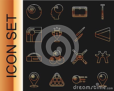 Set line Location with bowling ball, Billiard rest, triangle, table, Award cup, and cue icon. Vector Vector Illustration