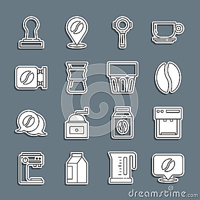 Set line Location with coffee bean, Coffee machine, beans, filter holder, Pour over maker, Street signboard, tamper and Vector Illustration