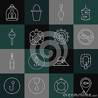 Set line Location fishing, Inflatable boat, No, Fishing spoon, Lifebuoy, float, Camping lantern and Ship steering wheel Vector Illustration