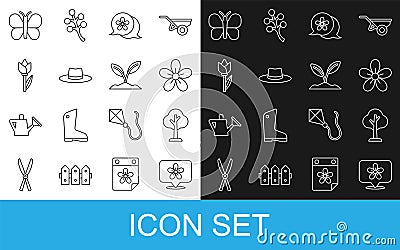 Set line Location with flower, Forest, Flower, Gardener worker hat, tulip, Butterfly and Sprout icon. Vector Vector Illustration