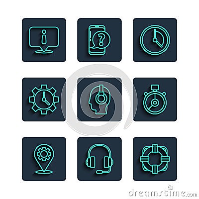 Set line Location with gear, Headphones, Lifebuoy, Time Management, Support operator in touch, Information and Stopwatch Vector Illustration